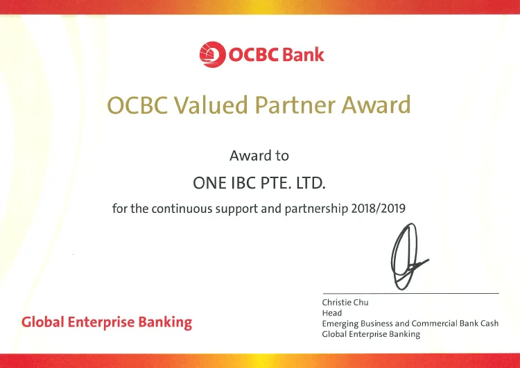 One IBC Limited’s 2019 achievement of receiving OCBC Bank’s Value Partner Award in 5 consecutive years.