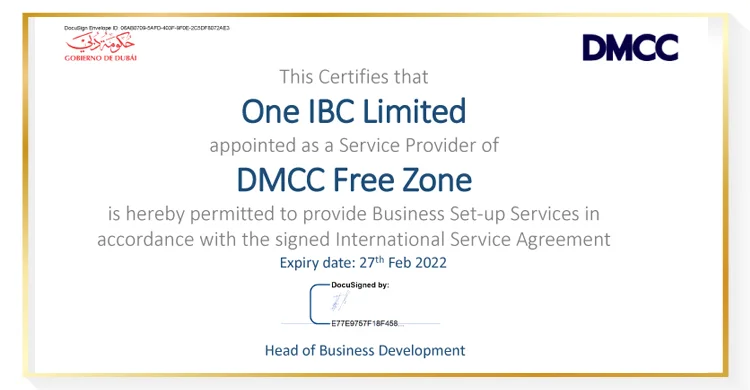 Certificate of One IBC as a Corporate Service Provider of DMCC Free Zone from 2021 - 2022.