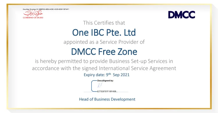 Certificate of One IBC as a Corporate Service Provider of DMCC Free Zone from 2020 - 2021.