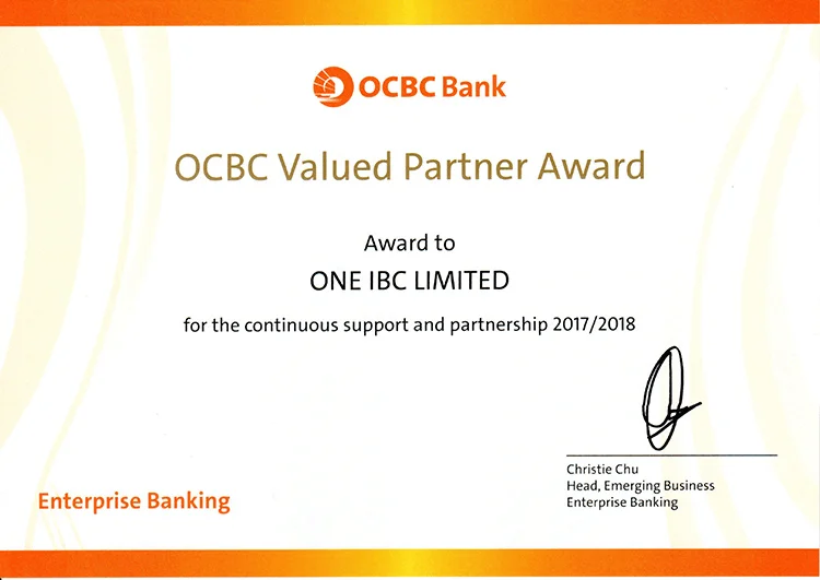 One IBC Awarded Value Partner 2017 - 2018 from OCBC