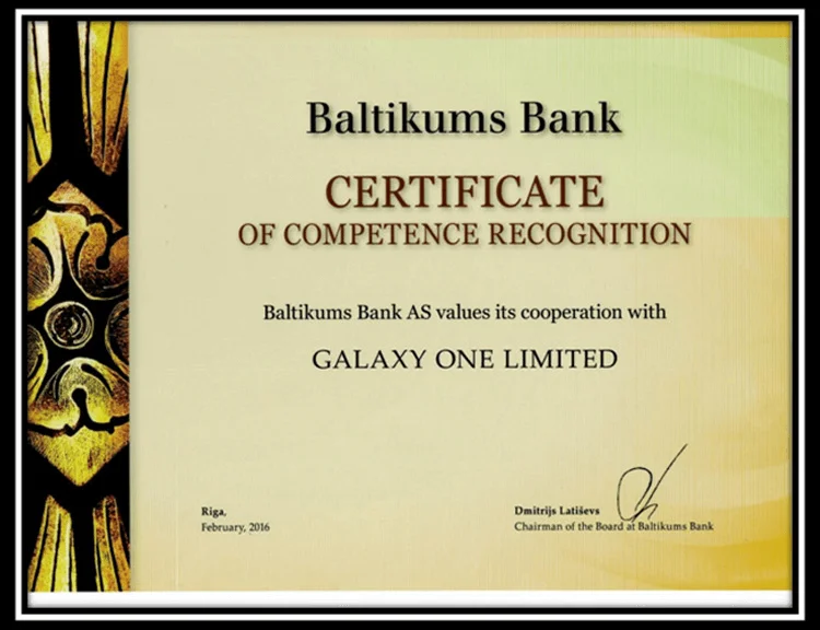 A Good & Long relationship between Galaxy One Limited/ Offshorecompanycorp & Baltikums Bank